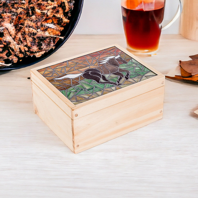 Handcrafted Horse Mosaic Pinewood Tea Box in White