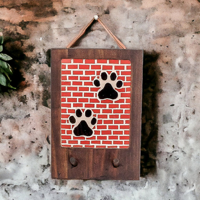 Handcrafted Paw-Themed Teak Wood and Glass Mosaic Coat Rack