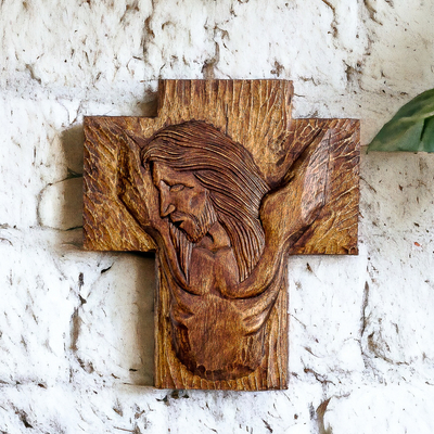 Hand-Carved Religious Cross-Shaped Pochote Wood Wall Art