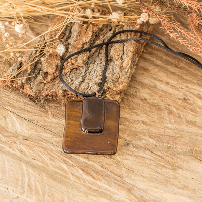 Modern Square Recycled Glass Pendant Necklace in Honey