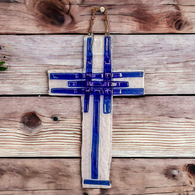 Handcrafted Blue Float Glass Wall Cross from Costa Rica