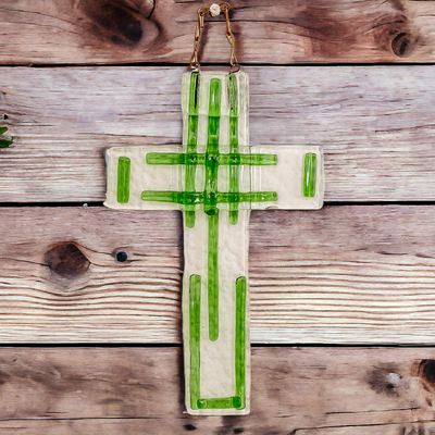 Handmade Bright Green Float Glass Wall Cross from Costa Rica