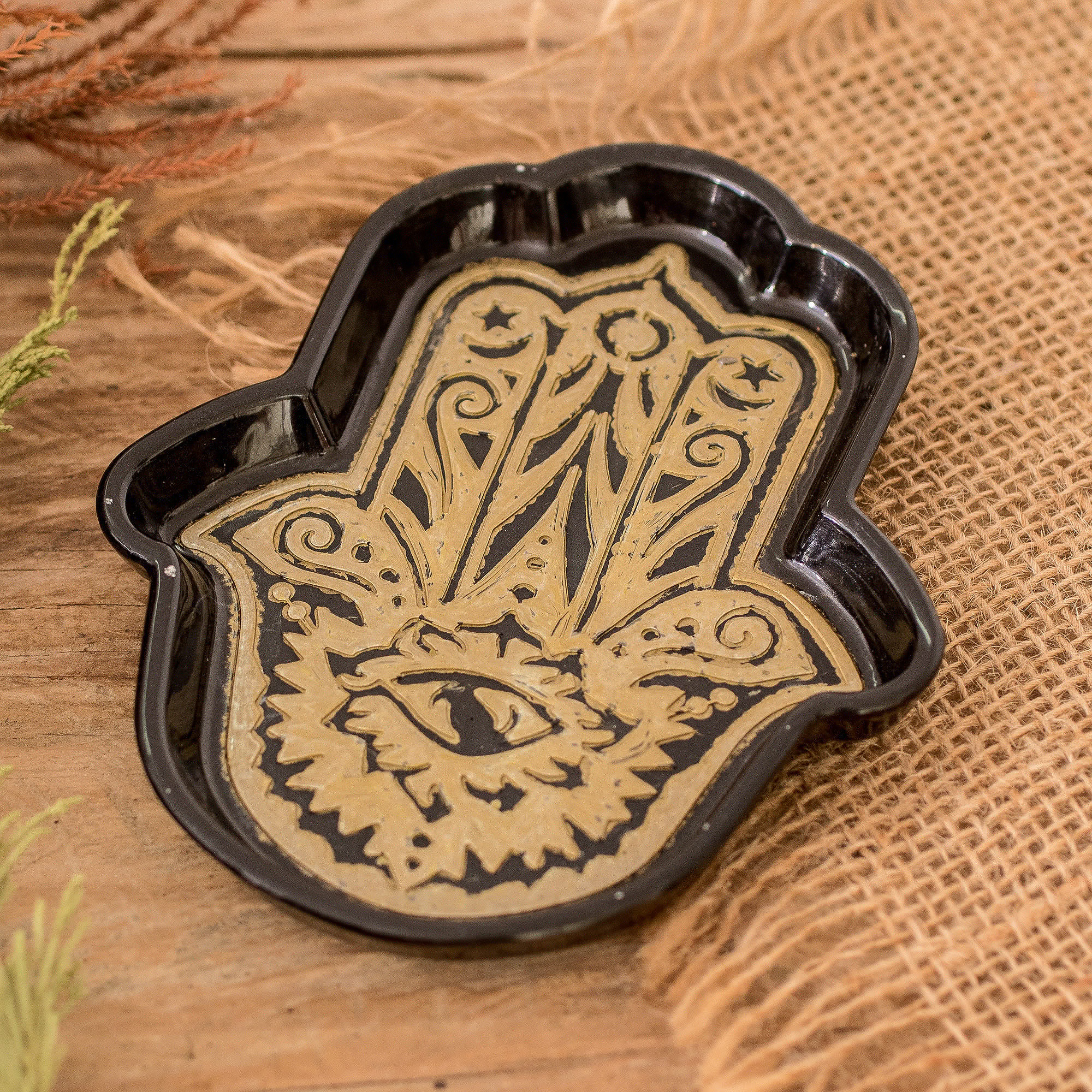 Handcrafted Hamsa-Shaped Black and Golden Resin Catchall