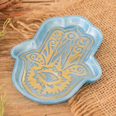 Handcrafted Hamsa-Shaped Blue and Golden Resin Catchall