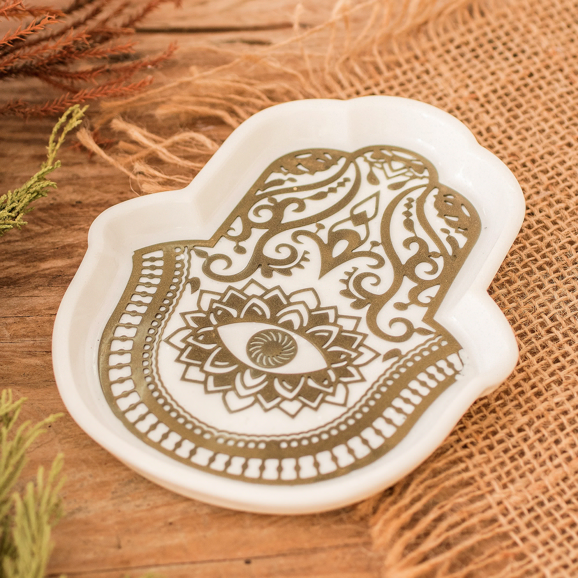 Handcrafted Hamsa-Shaped White and Golden Resin Catchall