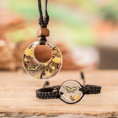 Set of Resin Yellow Butterfly Necklace and Macrame Bracelet
