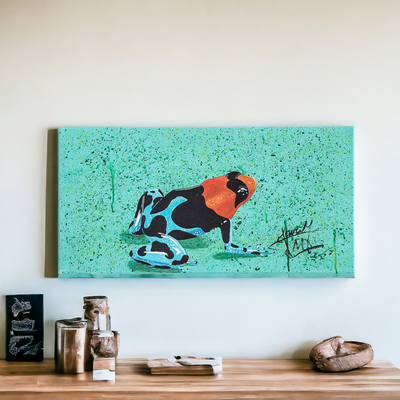 Stretched Impressionist Turquoise and Red Frog Painting