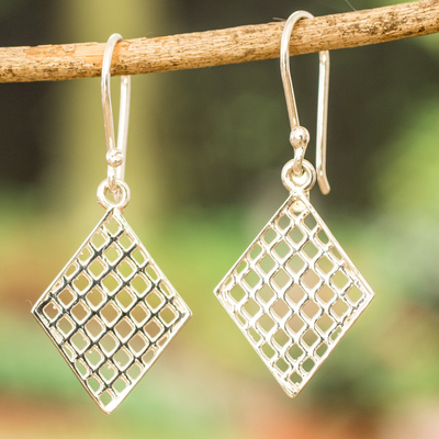 Polished Geometric-Patterned Diamond-Shaped Dangle Earrings
