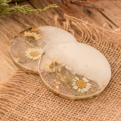 Pair of Handcrafted Floral Round White Resin Coasters