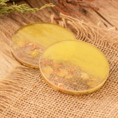 Pair of Handcrafted Floral Round Yellow Resin Coasters