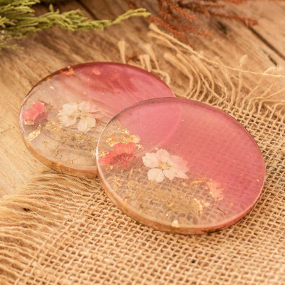 Pair of Handcrafted Floral Round Pink Resin Coasters