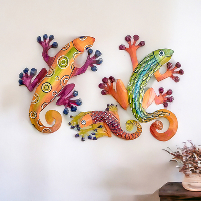 Set of 3 Hand-Painted Lizard-Shaped Colorful Steel Wall Art
