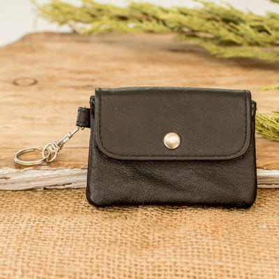 Eco-Friendly Black Leather Coin Purse with Snap Closure