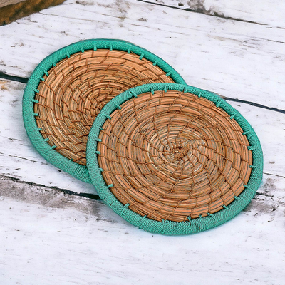 Handcrafted Pine Needle and Polyester Green Coasters (Pair)