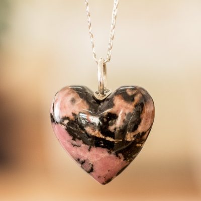 Polished Heart-Shaped Natural Rhodonite Pendant Necklace