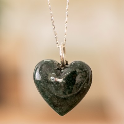 Heart-Shaped Natural Dark Green Jade Pendant Necklace