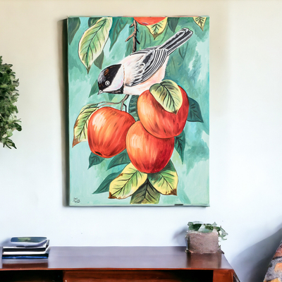 Nature-Themed Impressionist Oil Bird and Fruit Painting