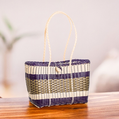 Eco-Friendly Handwoven Green Beige Blue Tote with Stripes