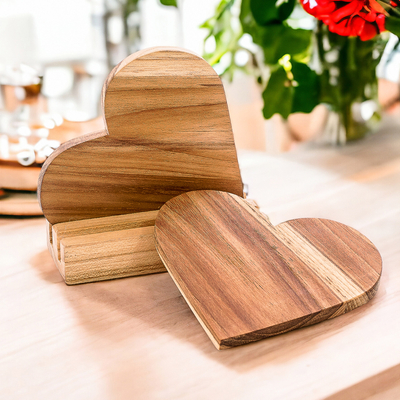 Heart-Shaped Teak Wood Coasters with Base (3 Pieces)