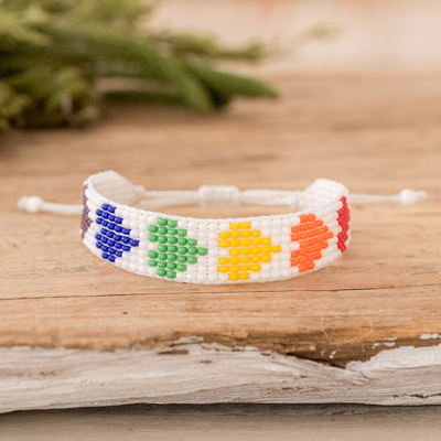 Rainbow-Toned Heart-Themed Glass Beaded Wristband Bracelet