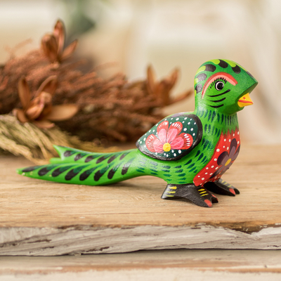 Floral Hand-Carved Painted Green Pinewood Quetzal Figurine