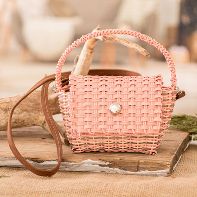 Handwoven Recycled Vinyl Cord Sling and Handle Bag in Peach
