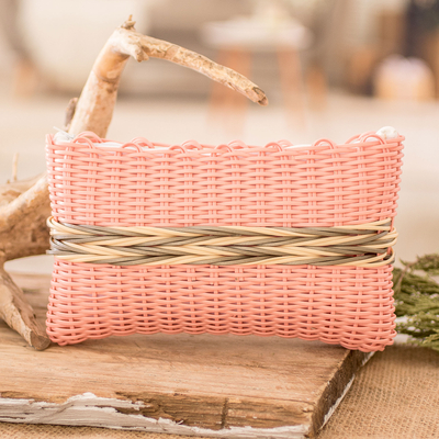Hand-Woven Recycled Vinyl Cord Cosmetic Bag in Peach Hue