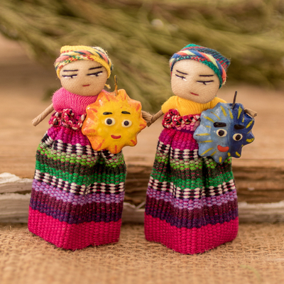 Handmade Cotton and Ceramic Sun and Moon Worry Doll Magnets