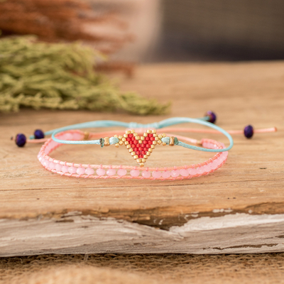 Set of 2 Handcrafted Pink and Turquoise Heart Bracelets