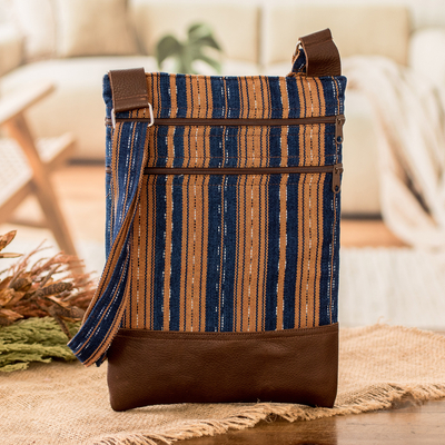 Leather-Accented Handwoven Striped Cotton Sling Bag