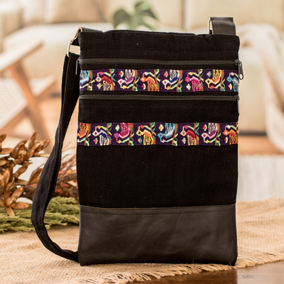 Bird-Themed Leather-Accented Cotton Sling Bag in Black