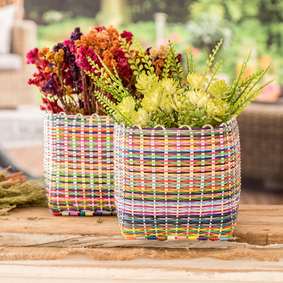 Set of 2 Handcrafted Colorful Recycled Plastic Baskets