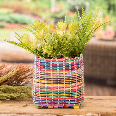 Handcrafted Striped Colorful Recycled Plastic Basket