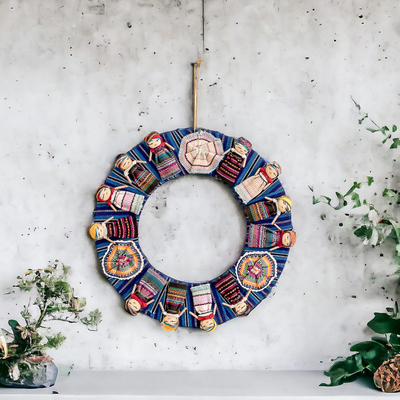 Handcrafted Traditional Worry Doll-Themed Blue Cotton Wreath