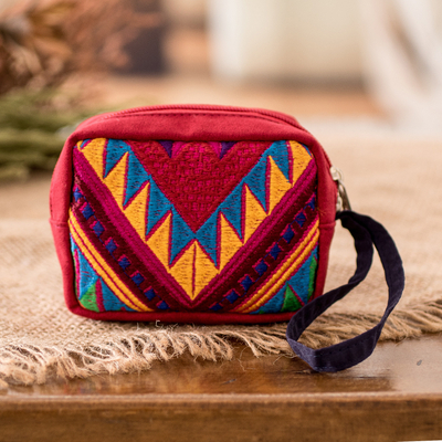 Geometric-Patterned Zippered Red Cotton Coin Purse