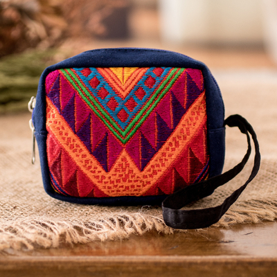 Geometric-Patterned Zippered Navy Cotton Coin Purse
