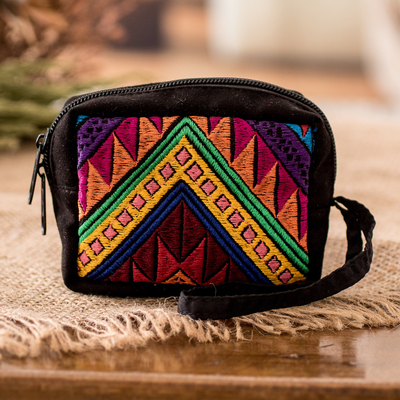 Geometric-Patterned Zippered Black Cotton Coin Purse