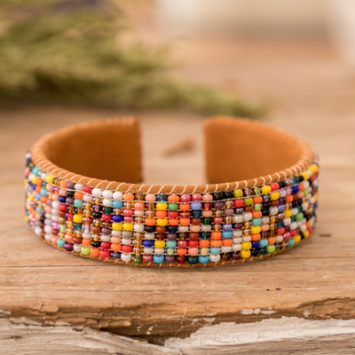 Rainbow-Toned Glass Beaded Cuff Bracelet with Leather Accent
