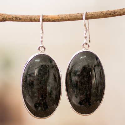 925 Silver Dangle Earrings with Oval Dark Green Jade Stones