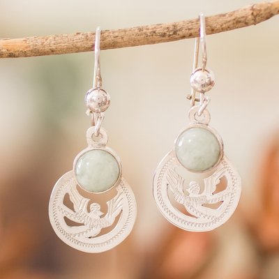 Sterling Silver Apple Green Jade Bird-Themed Dangle Earrings