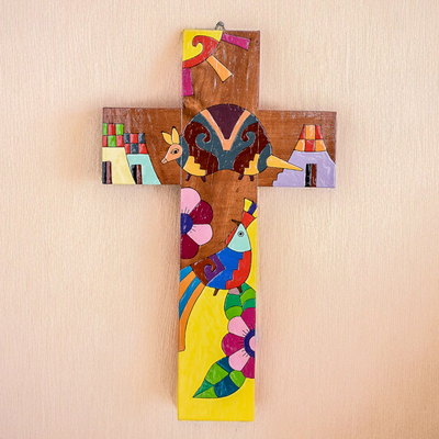 Hand-Painted Folk Art-Themed Pinewood Wall Cross