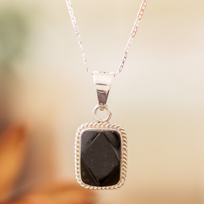 Silver Necklace with Rectangular Faceted Black Jade Pendant