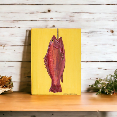 Acrylic Realist Painting of Red Fish on a Yellow Background