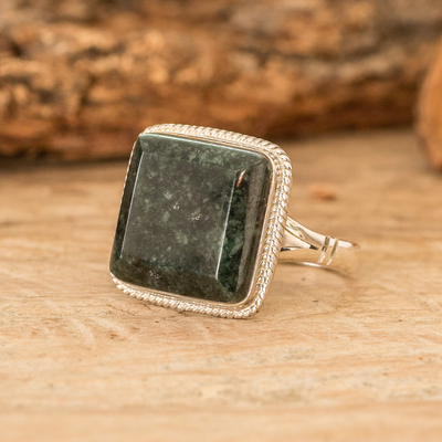 Polished Square Green Jade Cocktail Ring from Guatemala