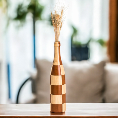 Bottle-Shaped Mahogany and Palo Blanco Wood Decorative Vase