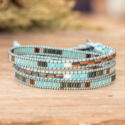 Handcrafted Sky Blue and Brown Glass Beaded Wrap Bracelet