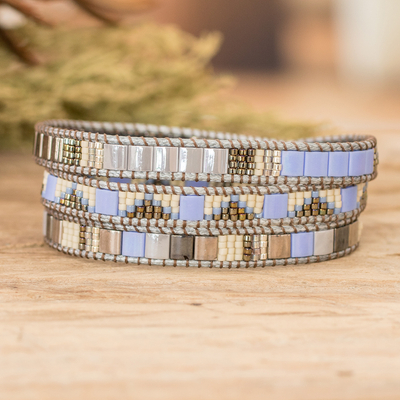 Handcrafted Grey Blue Beige Glass Beaded Wrap Bracelet