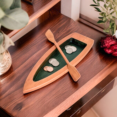 Hand-Carved Green Cedarwood Boat Catchall from Costa Rica