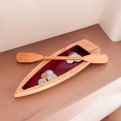 Hand-Carved Canoe-Shaped Cedarwood Catchall in Red