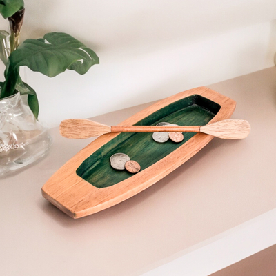 Handmade Brown and Green Cedarwood Boat Catchall with Paddle